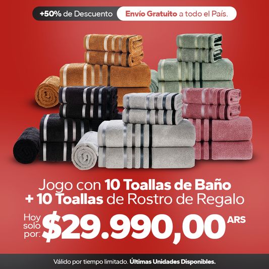Jogo con 10 Toallas de Baño + 10 Toallas de Rostro de Regalo